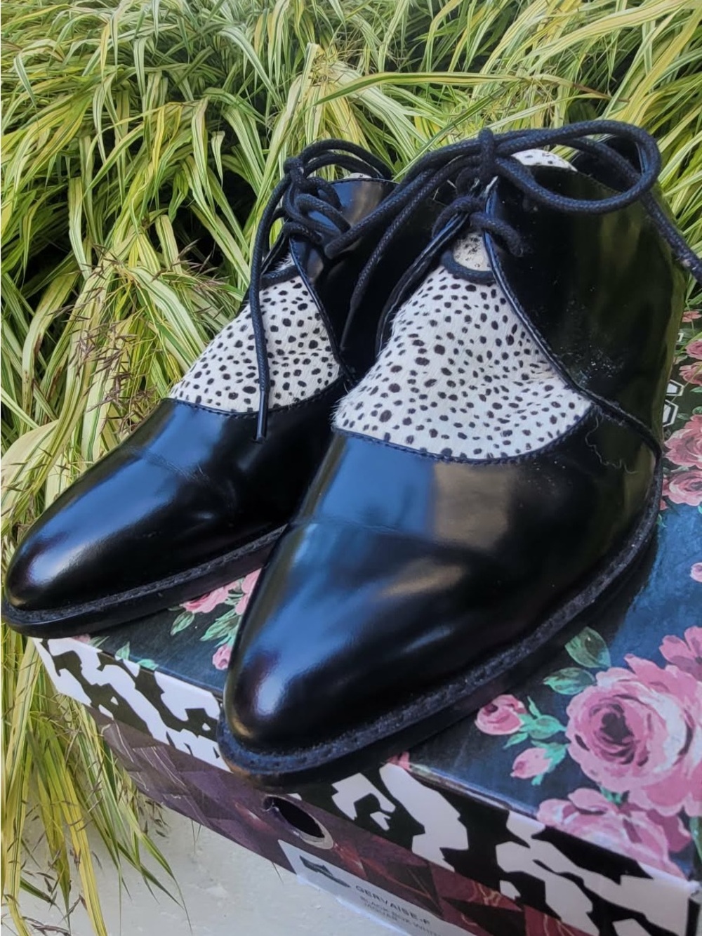 Jeffrey Campbell Black Leather Oxfords with White Dalmatian Print Panel